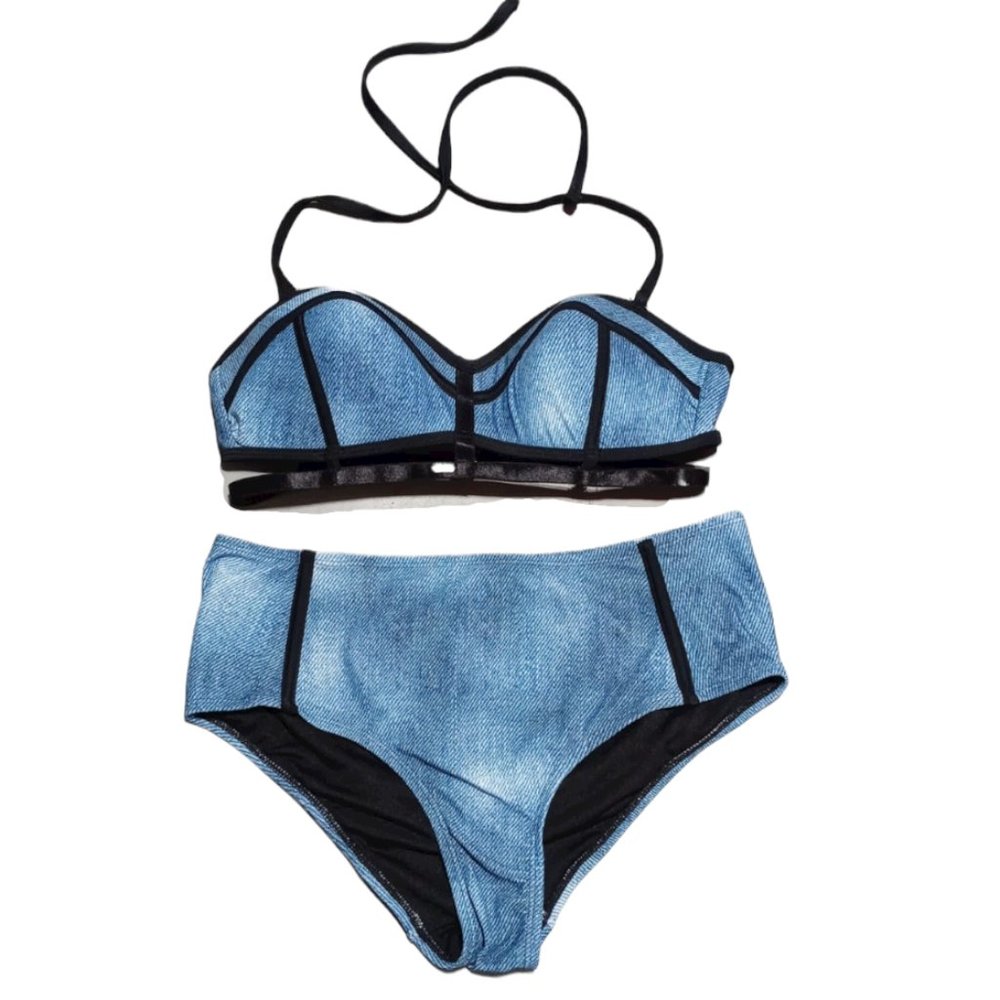 OP High-waisted denim pattern shelf bust Bikini M